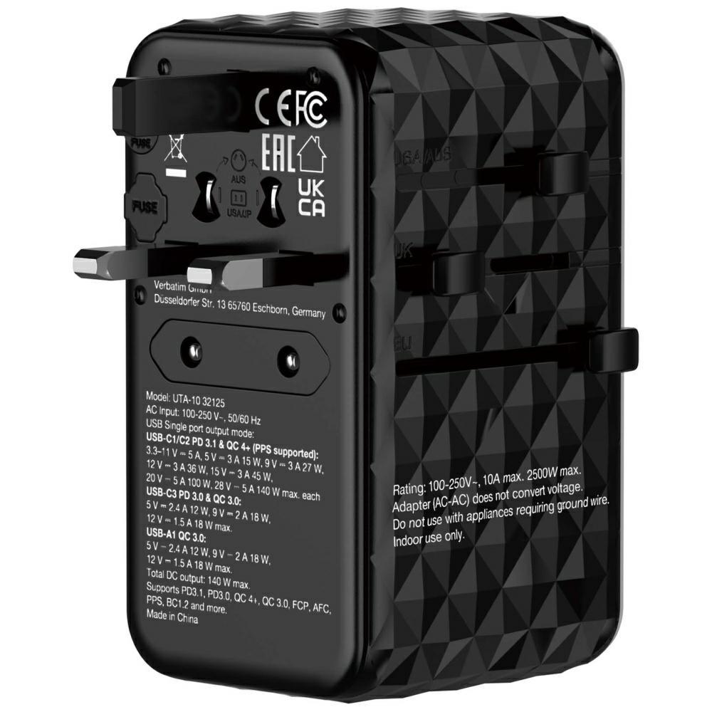 Verbatim Adapter Podróżny Eu/Uk/Us Ganusb-A/3Xusb-C Pd 140W Uta-10 Czarny/Black 32125