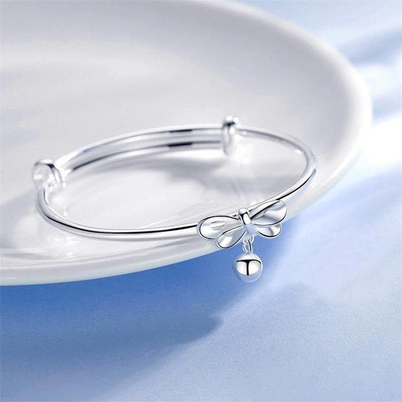 Adjustable Size 925 Sterling Silver Bangle Cuff Bracelet Bow Round Bead Charms Jewelry For Women Wedding Lovely