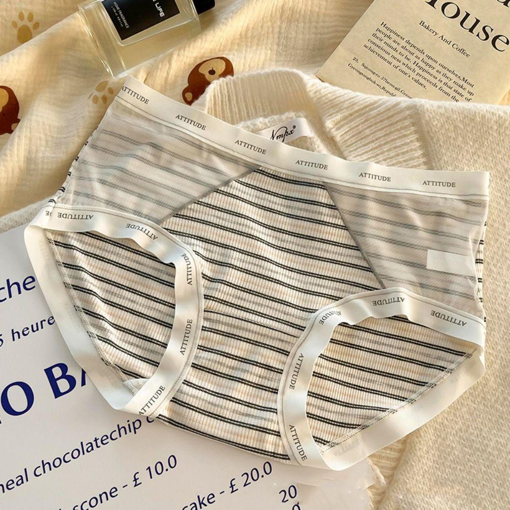 3Pcs Mid Waist Stripe Letter Briefs Ultra-thin Underwear for Women Mesh Seamless Panties  Gifts