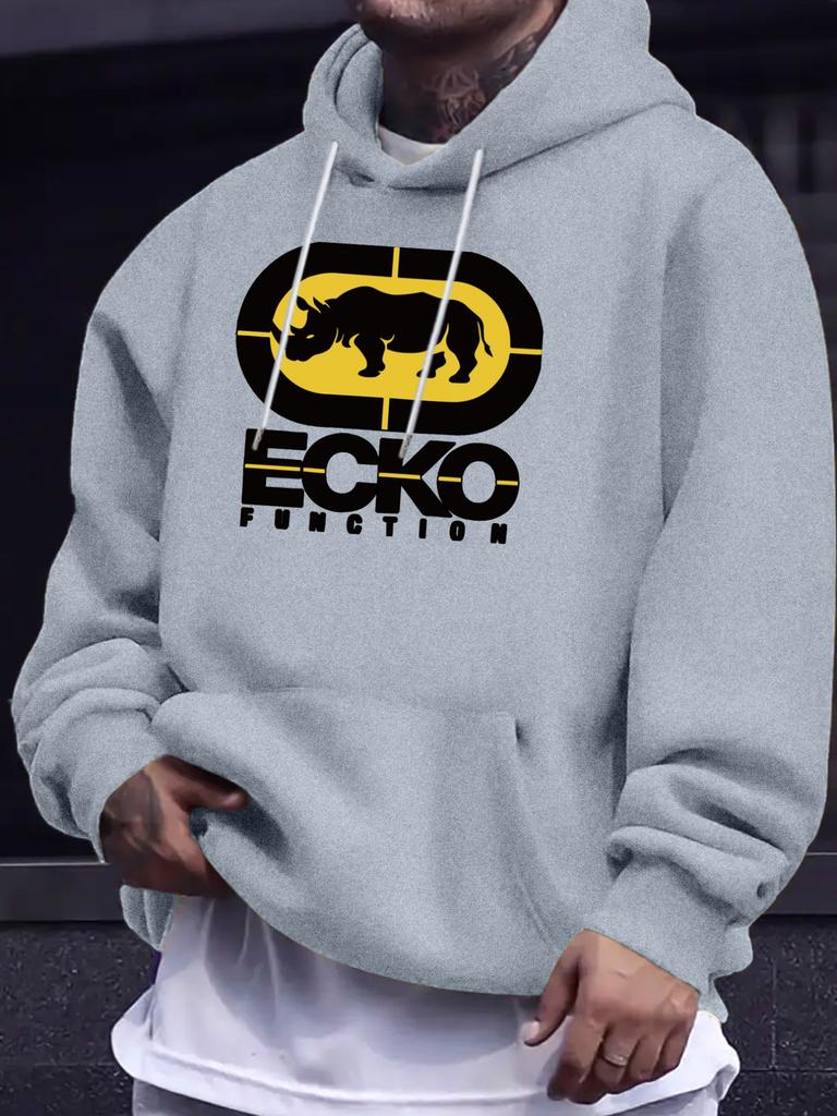 Felpa Grigio Chiaro ECKO FUNCTION con Stampa Lettere sul Petto e Logo Classico Rinoceronte, Felpa Pullover Larga Casual Sportiva Street Hip Hop