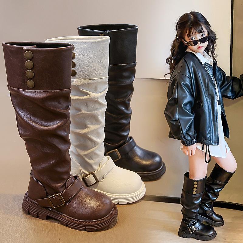 Girls Winter Fashion Banquet Warm/Soft Thick-soled Evening Long Knee-high Boots Baby Single/Velvet Buckle Retro Riding Boots