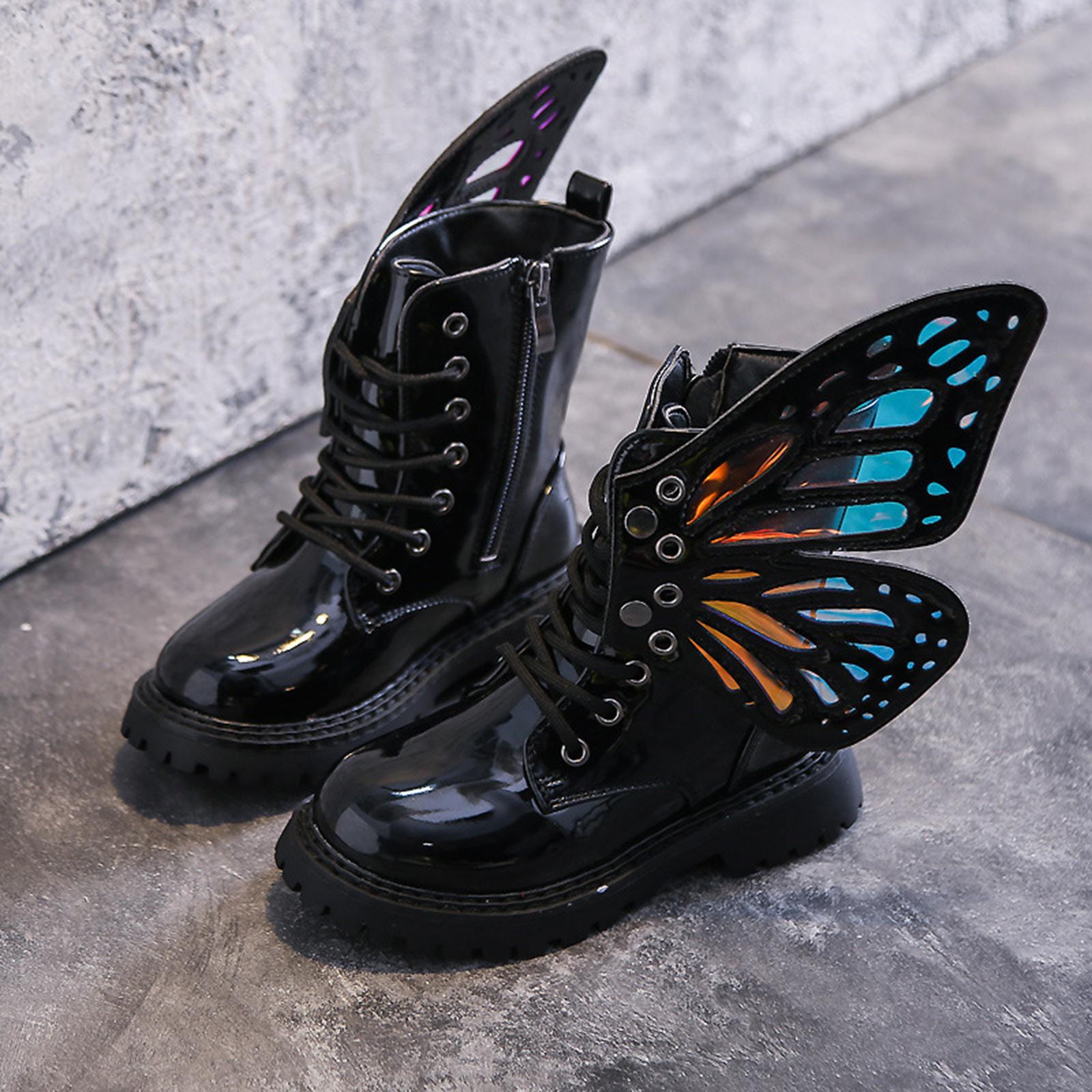 Girls Boots Autumn Winter Fashion Butterfly Princess Botas Casual Non-slip Ankle Boots Silver Patent Leather Kids Shoes 2026 27 чёрный