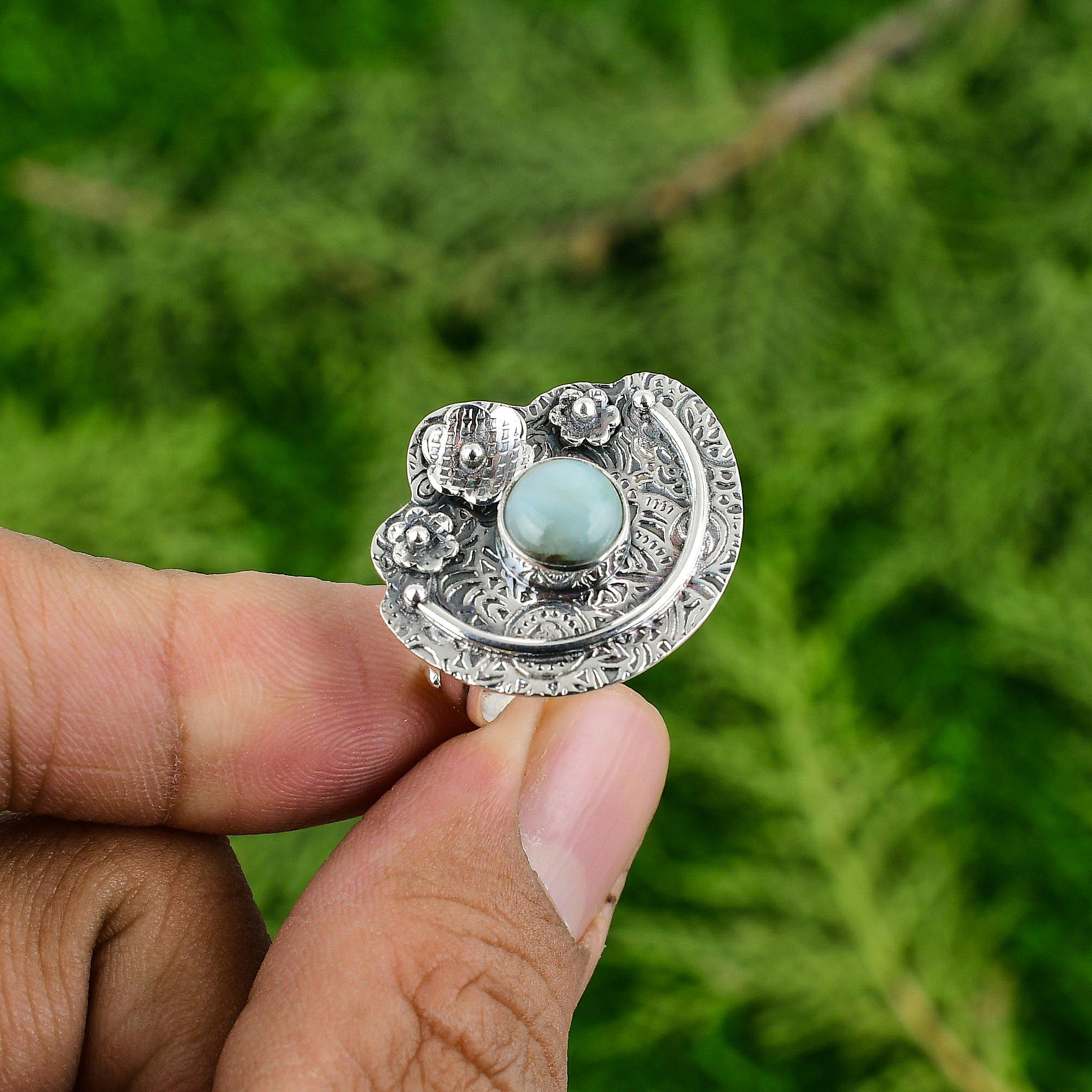 

Natural Larimar Gemstone Multi Stone Flower Adjustable Ring 925 Silver For Girls Adjustable