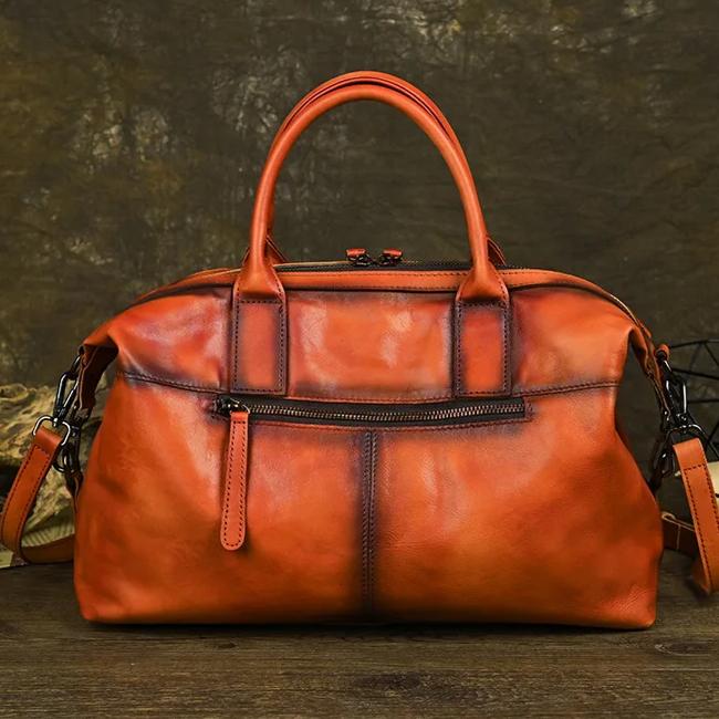 Johnature Echtes Leder Handtasche Retro Volltonfarbe Große Kapazität Damen Tasche Vielseitige Schulter Umhängetaschen