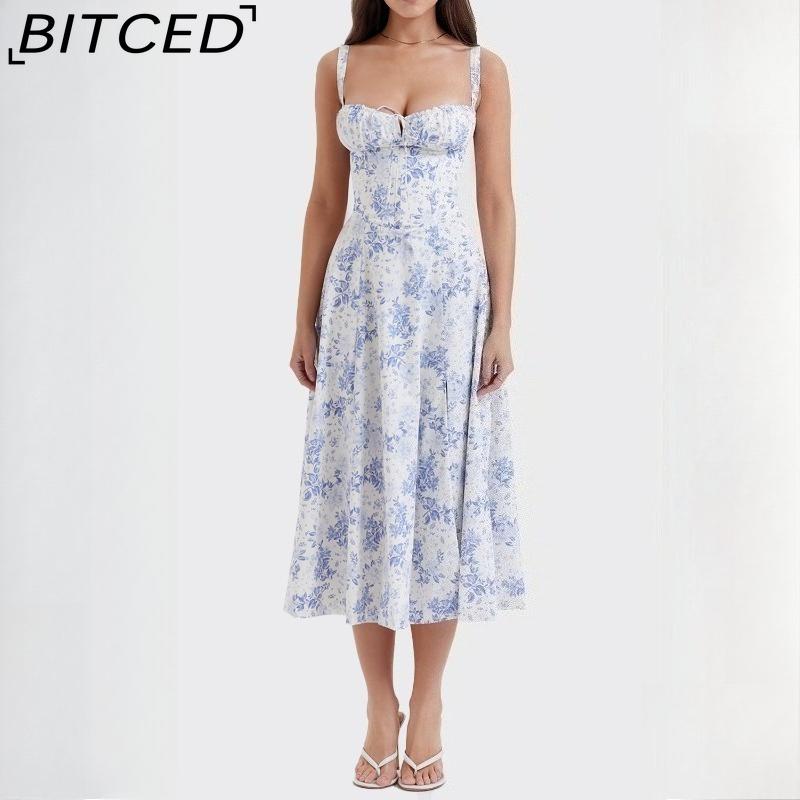BITCED Women's Dress: Elegant Floral Print Split-Hem Fashionable Resort Strapless Dress