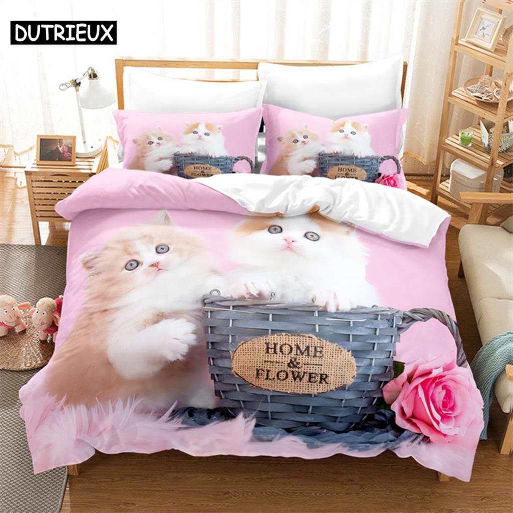 Comforter Cat Flowers Queen Bedding Set Pink Bedding Digital Printing King Size Bedding Sets
