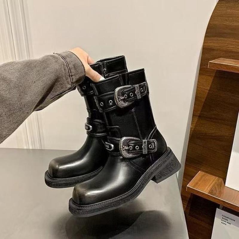 Middle Heel Square Toe Ladies Mid Calf Shoes Spring Autumn Leather Women's Half High Boots New In Trend 2025 Boot On Promotion