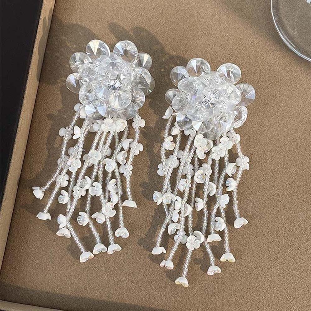 Rhinestone Floral Tassel Earrings Zinc Zinc Alloy Long Ear Drop Summer White Flower Earrings  Holiday