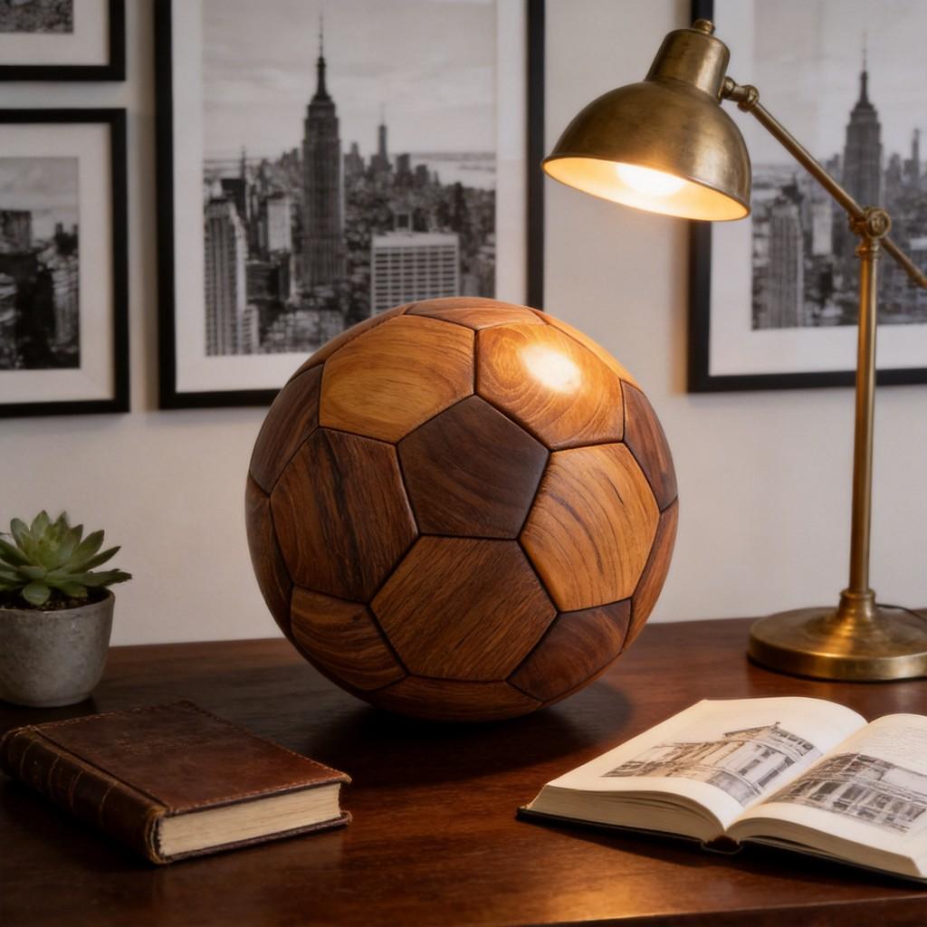 Teakholz Fußball Dekoration mit traditioneller Holzverbindung für Kinderzimmer und als Geschenk
