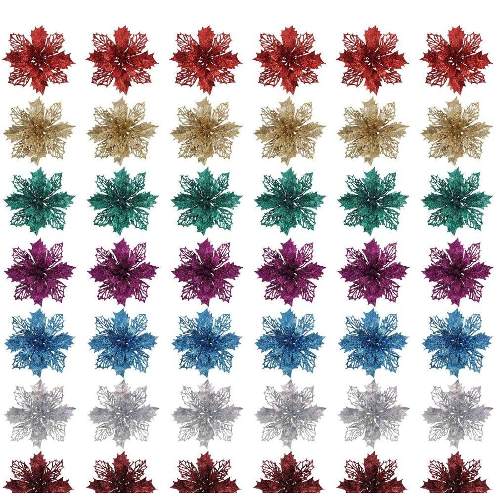 12PCS DIY Decoration Christmas Artificial Flowers 15CM Glitter Fake Flower Christmas Decor