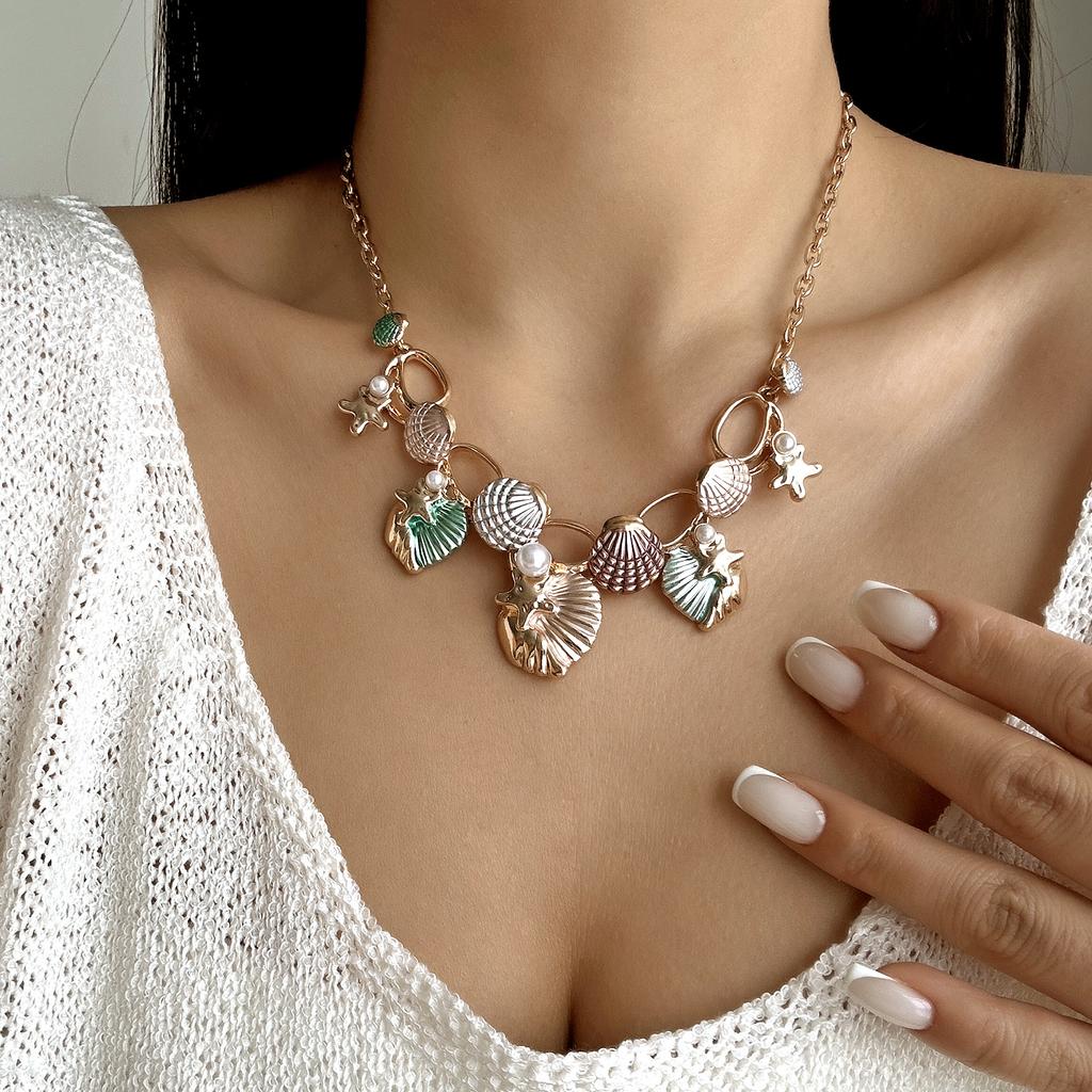 Boho Starfish Shell Coral Pearl Pendant Necklace For Women Shiny Crystal Zircon Dripping Oil Beach Clavicle Choker Charm Jewelry