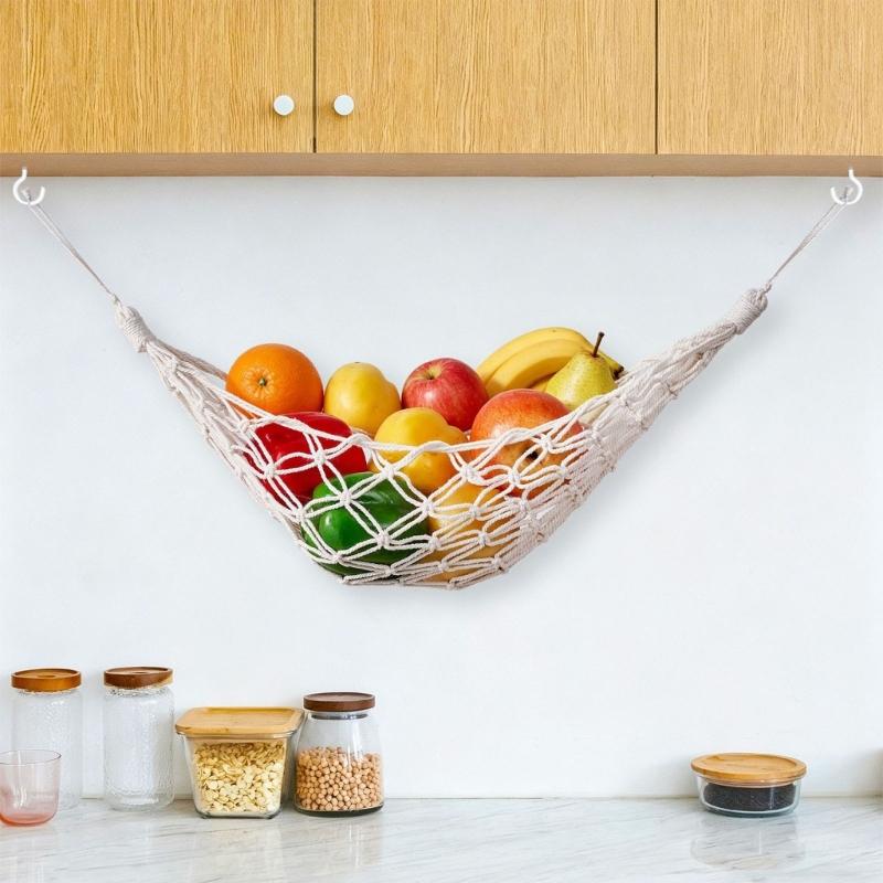 Wall Hanging Produce Holder, Cotton Rope Fruit Storage Net with Open Net Design for Kitchen Wall Use, Cupboard Placement and Home Storage
