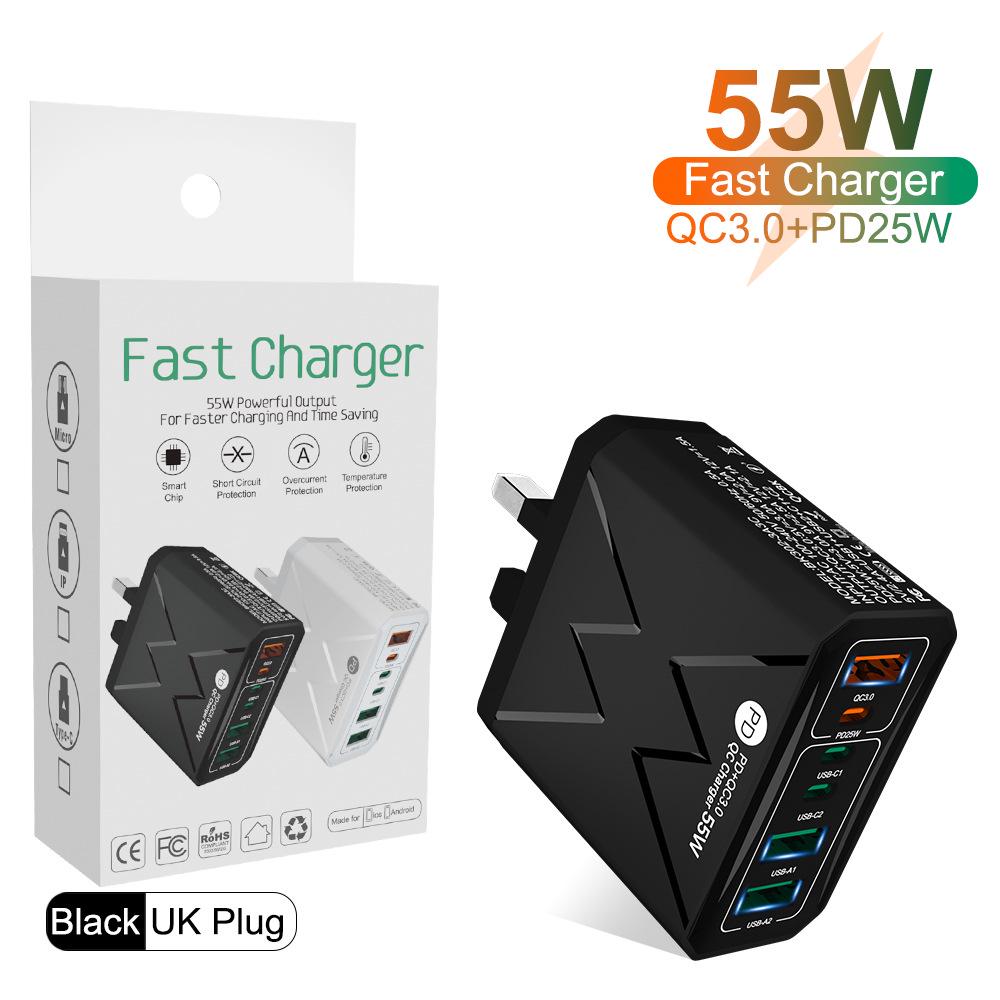 PD 25W 6-Port Fast Charger: 3 USB, 3 PD 55W with QC3.0 – EU, UK, AU Plugs