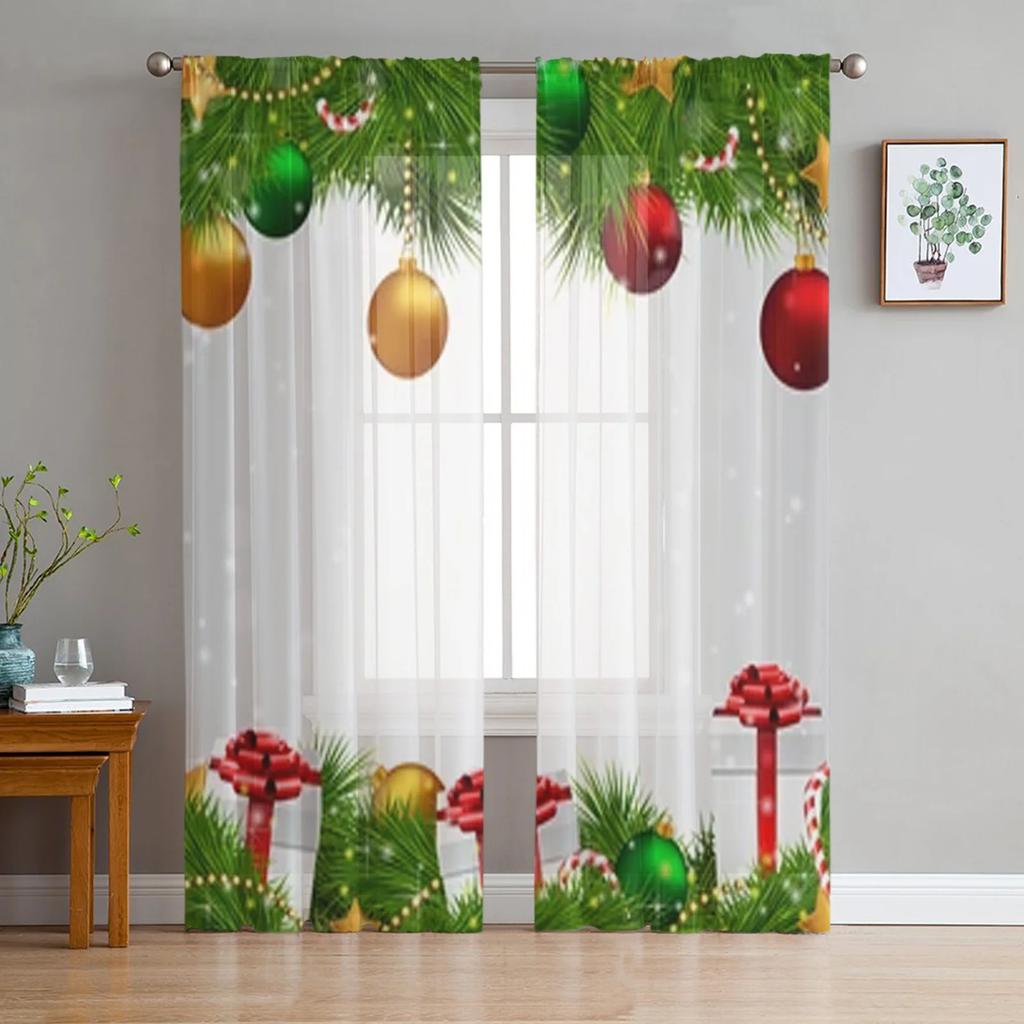 Farmhouse Christmas Ball Curtain Living Room Cafe Xmas Gifts Balls Window Curtains Kitchen Bedroom Outdoor Yard Sheer Polyester Ideal For