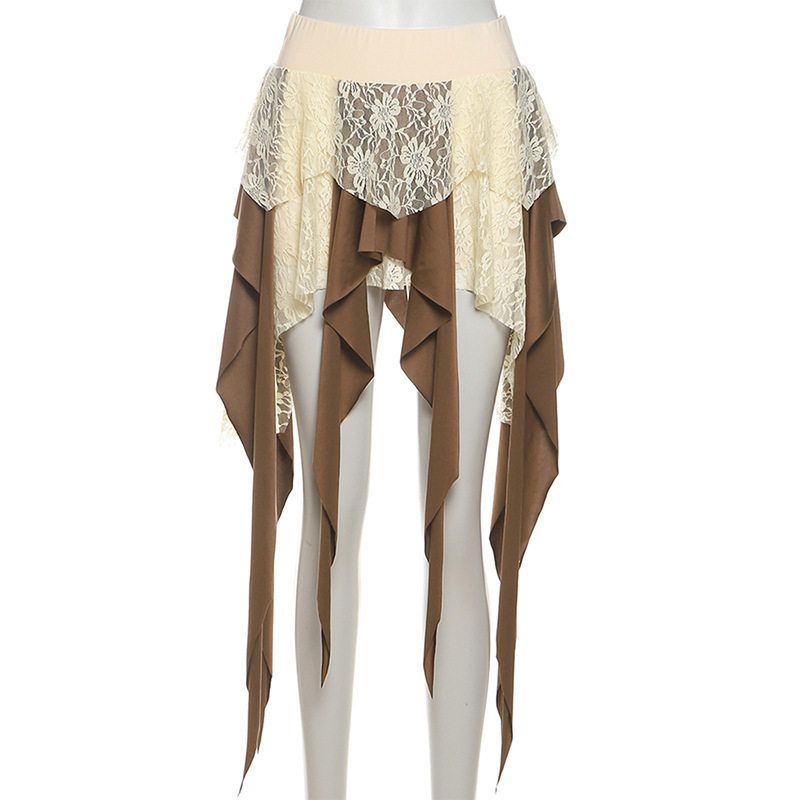 Трансграничный европейско-американский стиль 2025 Лето Новая женская одежда Многослойная кружевная вставка Асимметричная бахрома Контрастный цвет Юбка Apricot color L