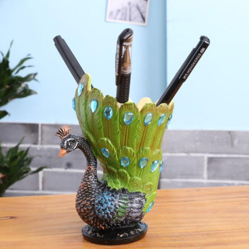 Resin Mini Peacock Miniatures Home Decoration Statue Ornament Pen Holder Brush Pot Home Art Crafts