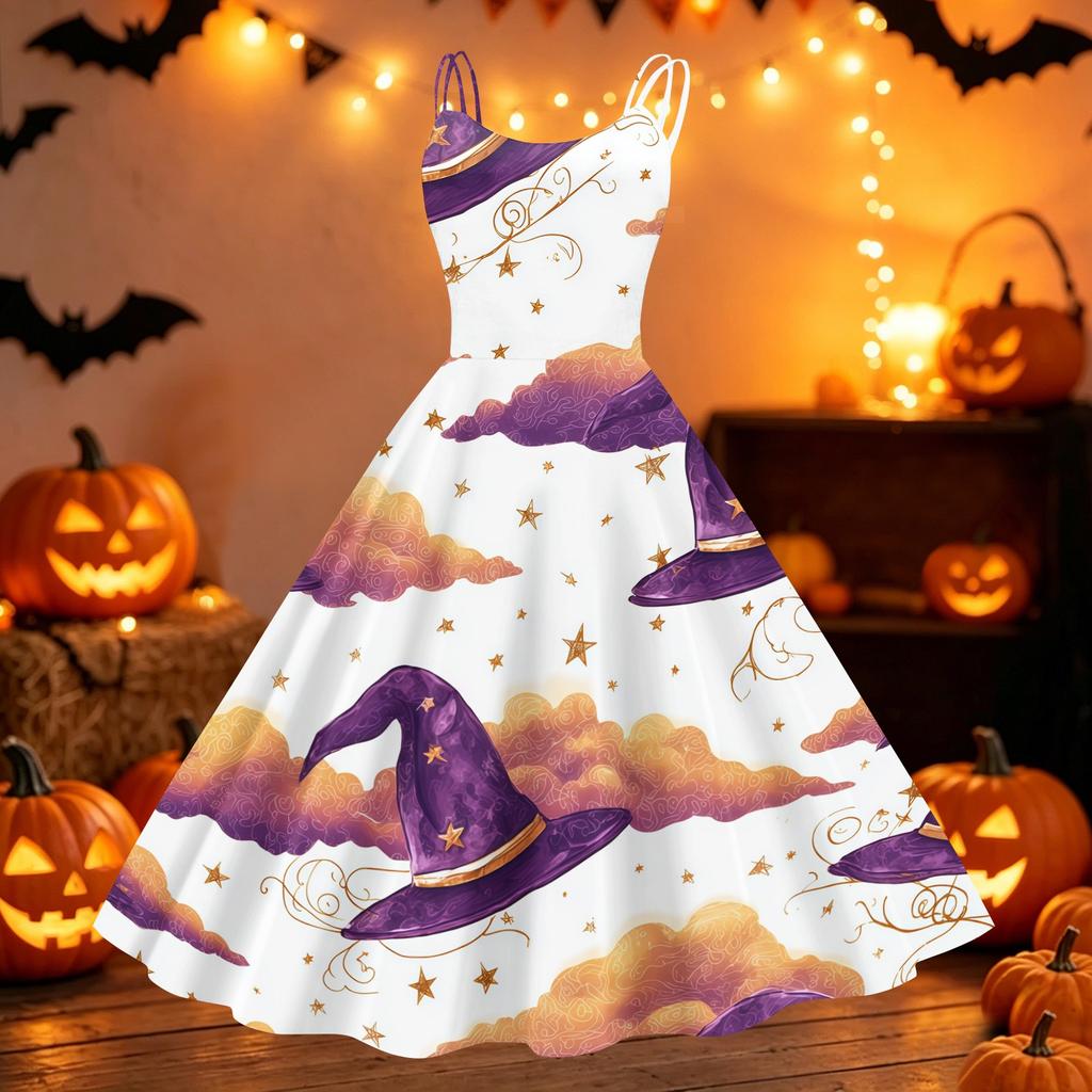 Womens Halloween Spider Web Pumpkin Print Vintage Punk Off Shoulder Dress Sleeveless Flared Skirt Party Costume Dress