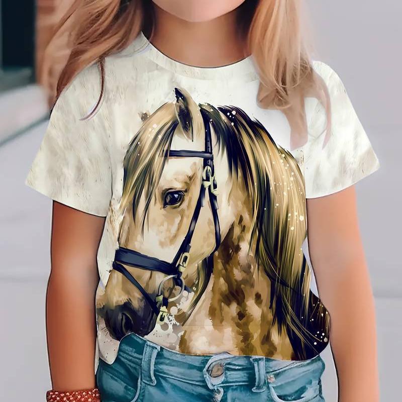 Dětské tričko 3D potisk Dětské 3D digitální tisk Série s koněm Tričko s krátkým rukávem Letní sportovní Tričko s kulatým výstřihem