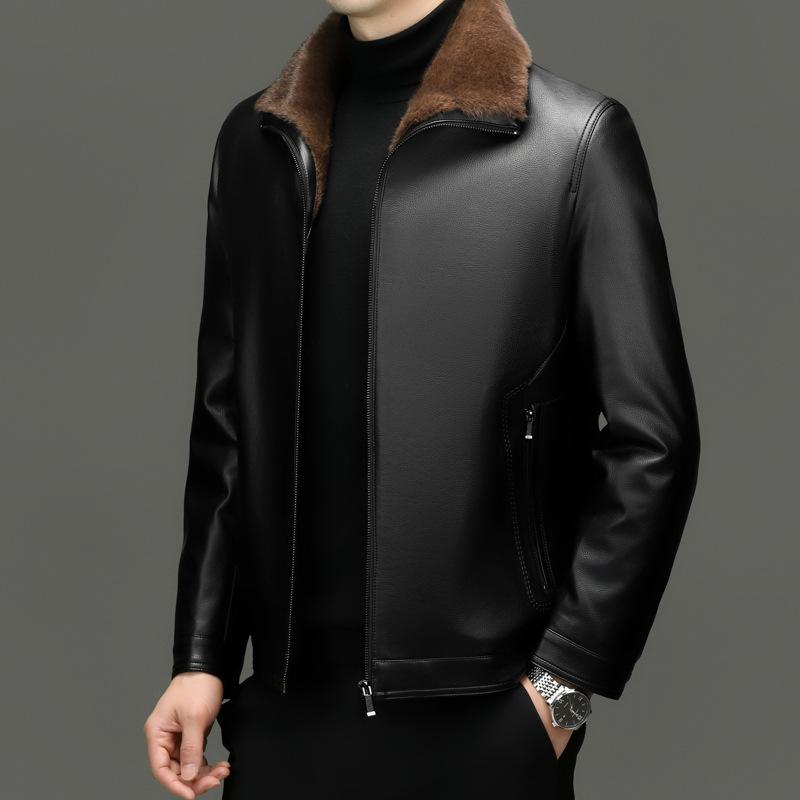 Haining Leather Jacket Men's Winter Fur Integrated Leather Jacket New Thickened Warm Jacket Velvet Leather Jacket Men