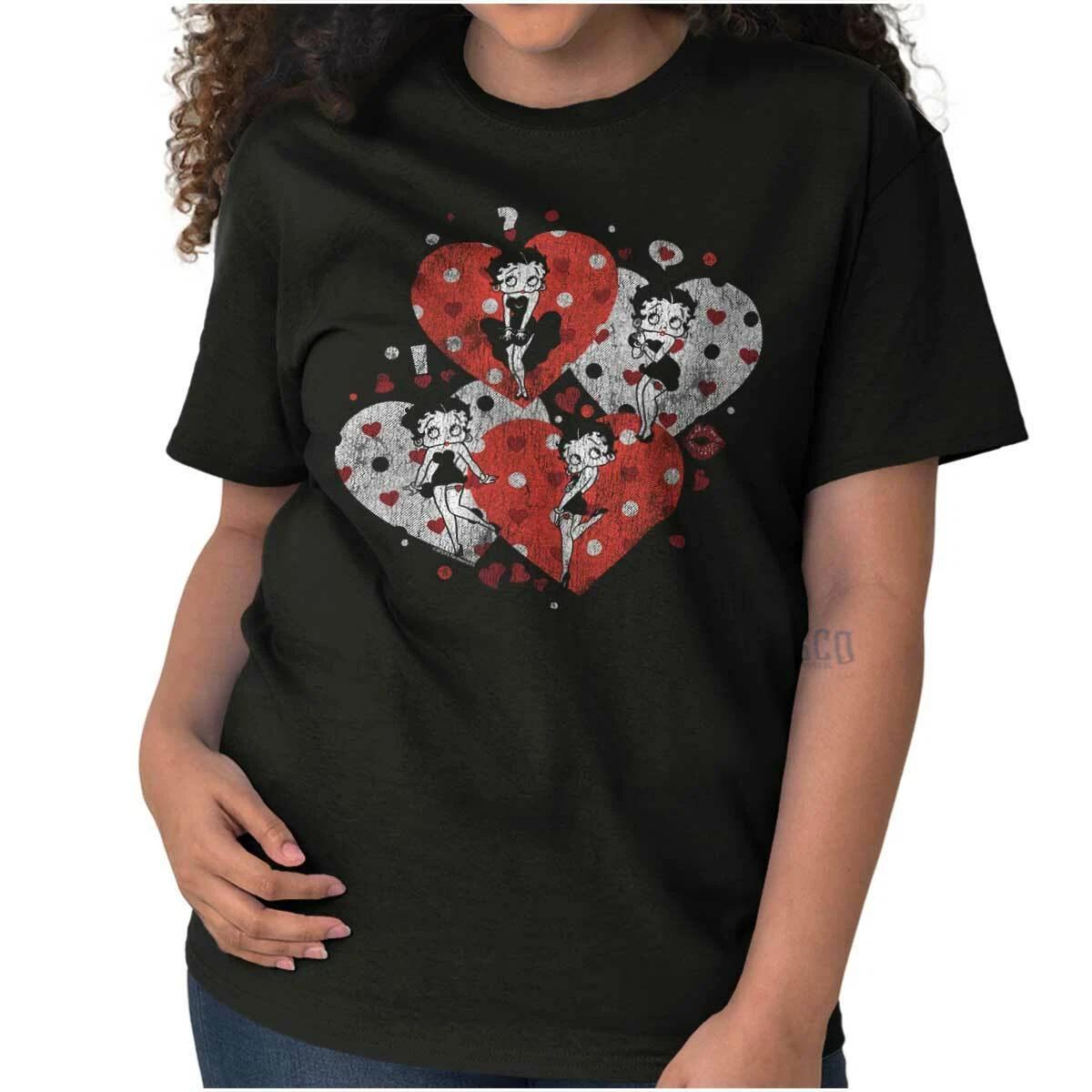 Betty Boop Retro Cartoon Polka Dot Hearts Womens Graphic Crewneck T Shirt Tee M