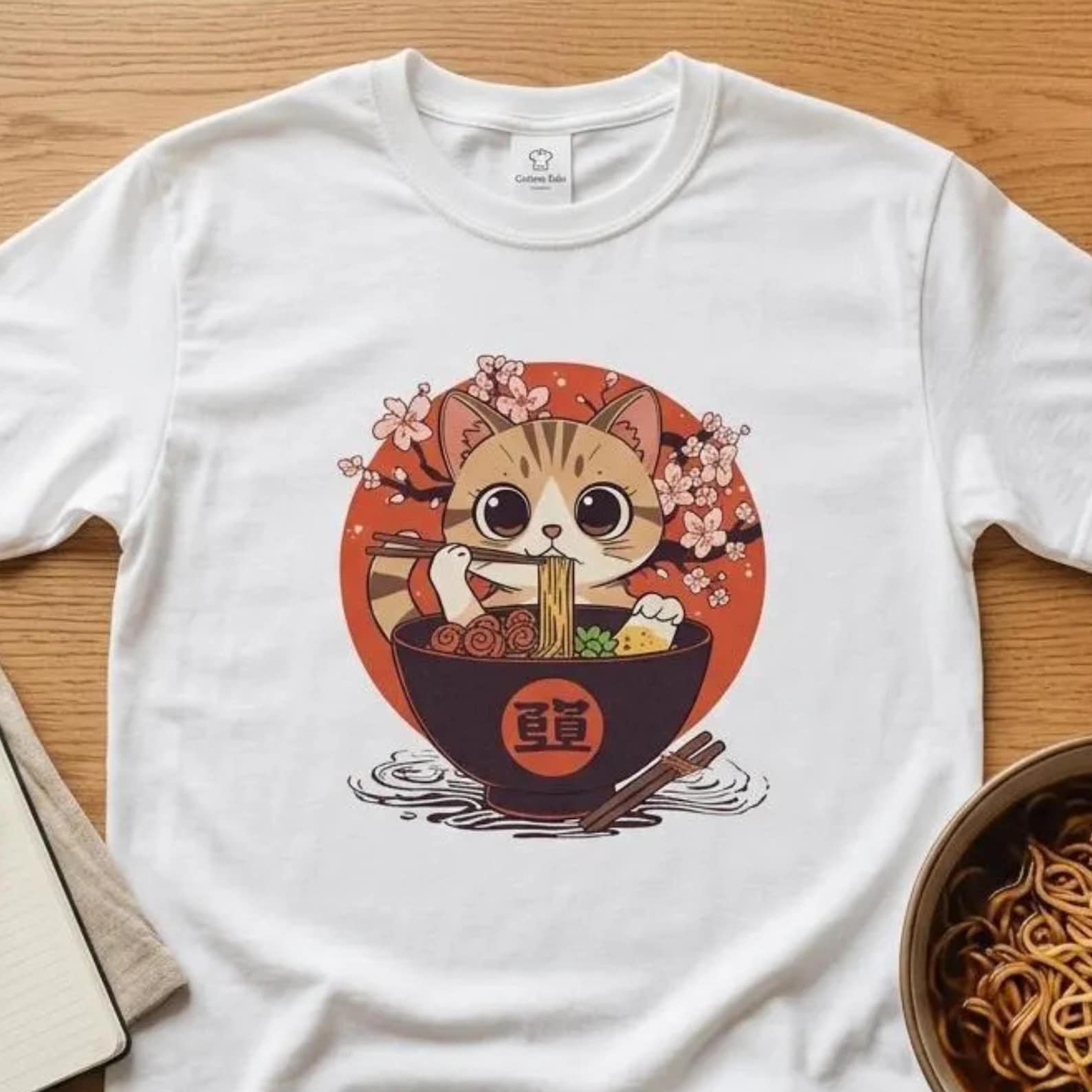 Ramen Cat T-Shirt | Anime Tabby Cat, Noodles, Cherry Blossoms Graphic Tee 2XL