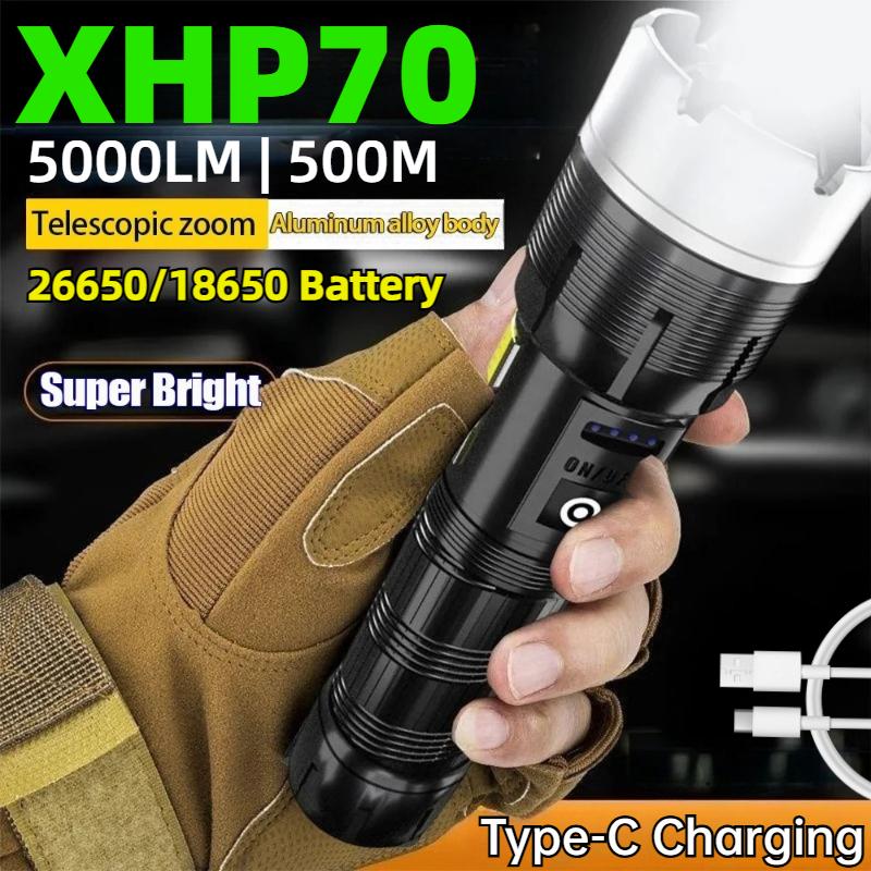 5000LM Rechargeable Torch XHP70 Super Bright Lantern High Power LED Flashlight COB Side Light Lamp USB Waterproof Camping