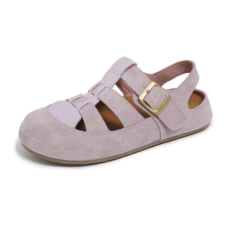 Fashion Women's Casual Round Head Flat Shoes Summer New Baotou Cow Suede Metal Buckle Soft Sole Anti-slip Wear-resistant Sandals