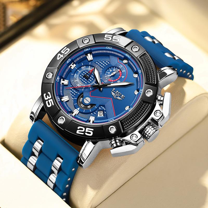 LIGE Big Dial Watch Men Fashion Business Watch Men Military Silicone Sports Waterproof Quartz Chronograph Relogios Masculino+Box