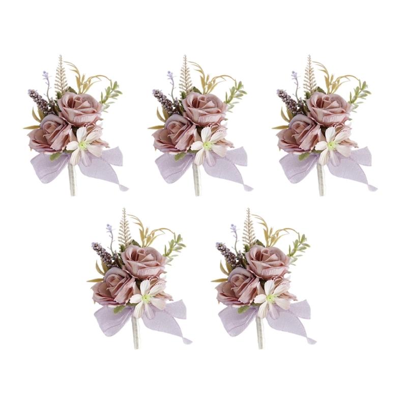 5Pcs Wedding Corsages Boutonniere Prom Boutonniere for Wedding Ceremony Anniversary, Rose Corsages for Bride and Groom,