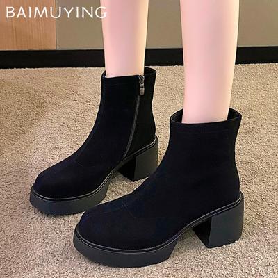 Botas de salto alto femininas, botas de tornozelo grossas, camurça, sapatos de neve de inverno, nova tendência, mulher, bombas elegantes, moda gótica, botas chelsea mujer