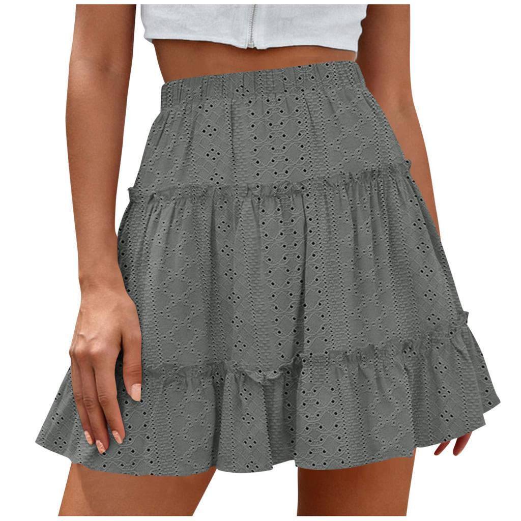 Women’s High Waist Tiered Mini Skirt with Elastic Waistband and Eyelet Embroidery Flared A-Line Design for Casual Wear
