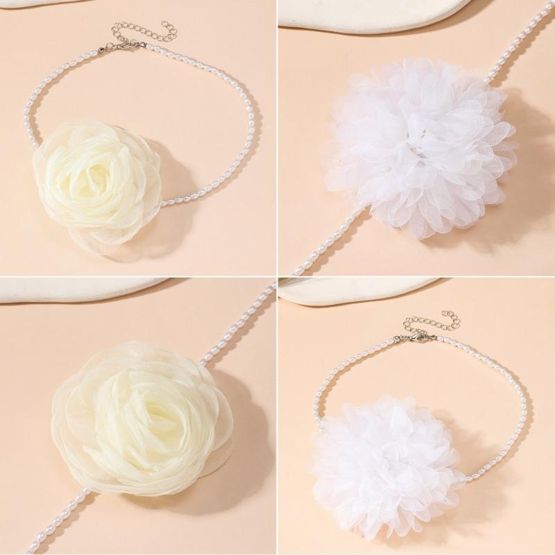 Simple Gauze Flowers Neckband Choker Necklace Jewelry Temperament Pearl Neck Chain Women Clavicle Chain Necklace