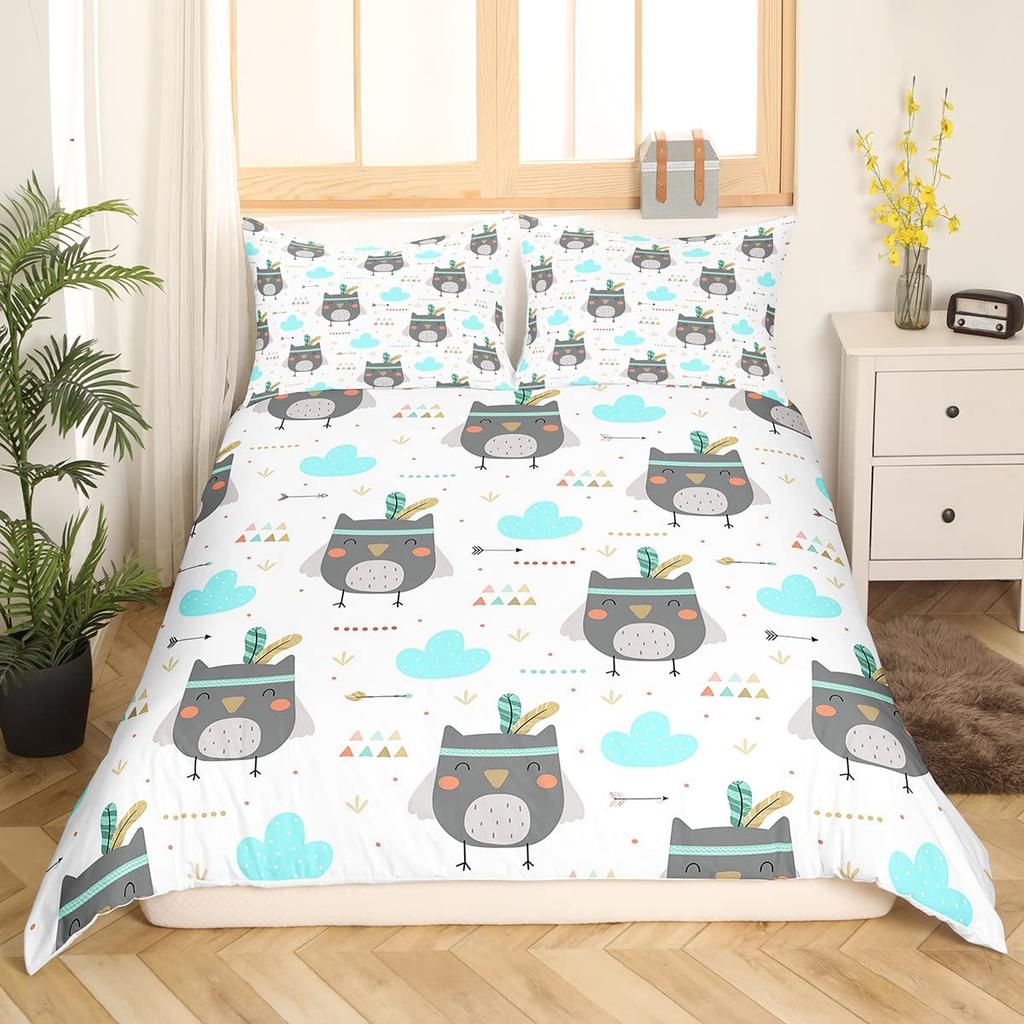 Cartoon Owl King Queen Duvet Cover Gray Cute Animal Bedding Set Pink Orange Grey Flowers Comforter Cover Polyester Quilt Cover