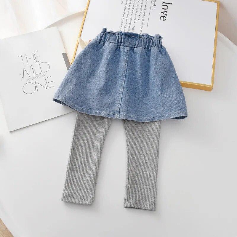 Girls Fake Two Skirts Pants Spring Autumn Children Casual Leggings Baby Kids Rabbit Cartoon Denim Skirt With Knitted Trousers