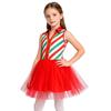 Kids Girls Christmas Costume Tulle Tutu Dress Candy Stripe Sleeveless Metallic Collar for Stage Performance Theme Party Holiday