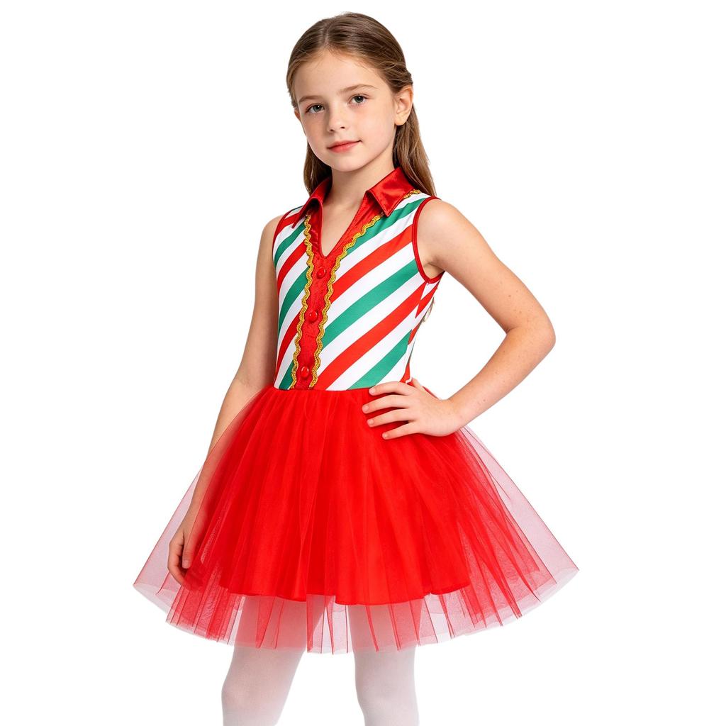 Kids Girls Christmas Costume Tulle Tutu Dress Candy Stripe Sleeveless Metallic Collar for Stage Performance Theme Party Holiday