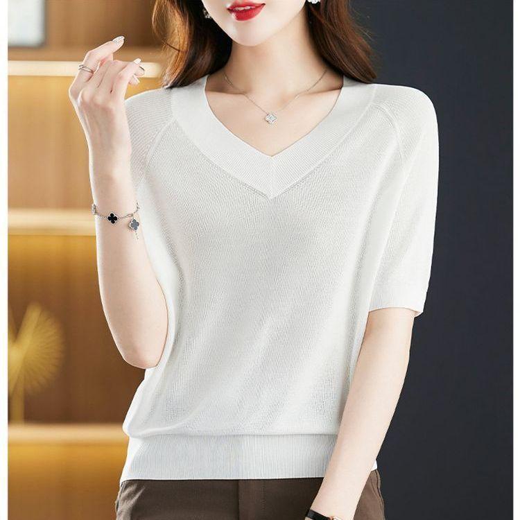 Summer Women Ice Silk Tops Women Casual Loose V-neck Thin T-shirts Short Sleeve Shirt Plus Size
