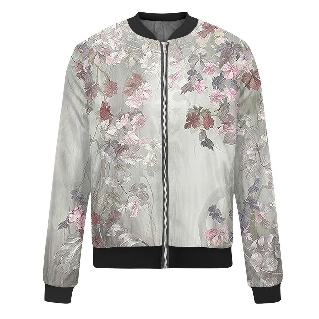 Women's Fashionable Casual Long Sleeve Floral Print Round Neck Zipper Jacket