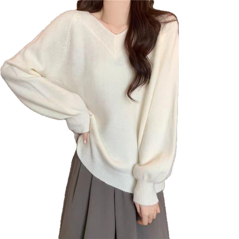 Women's Lazy Style V-Neck Pink Knitted Pullover Sweater - New Design for Autumn/Winter