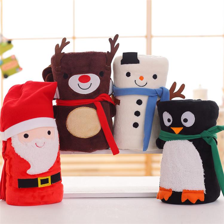 Xmas Cartoon Double-Sided Flannel Blanket - Santa, Reindeer, Snowman & Penguin Office Nap Blanket Christmas Gift