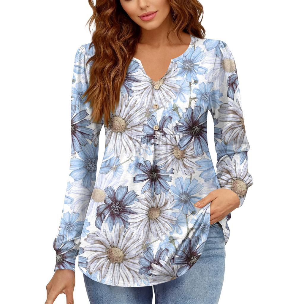 Γυναικείο Χαλαρό, V-λαιμόκοψη, Ρετρό Χρώμα, Μπλοκ με Φλοράλ Σχέδιο, Μακρυμάνικο Πουλόβερ T-shirt