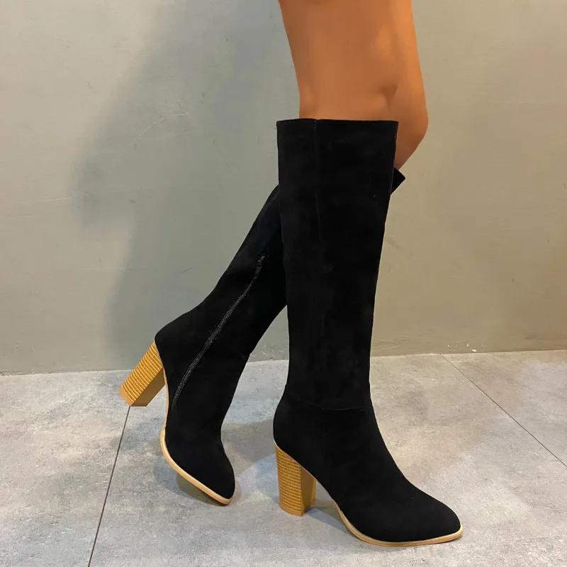 36-43 Large Size Women Shoes 2024 Winter Fashionable Round Toe High Heel Women's Boots Comfortable Square Heel Yellow High Boots