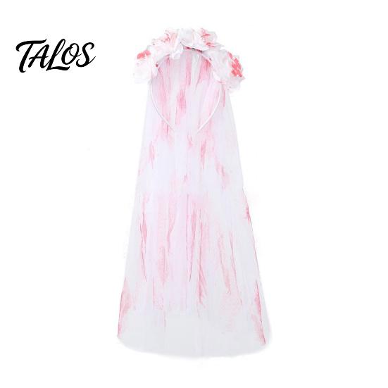 Tiara Cabeça de Rosa Talos, Véu Manchadode Sangue para Noiva Zumbi de Halloween, Aro de Cabelo de Malha Respirável com Design de Peça Única para Cosplay Temático de Casa Assombrada