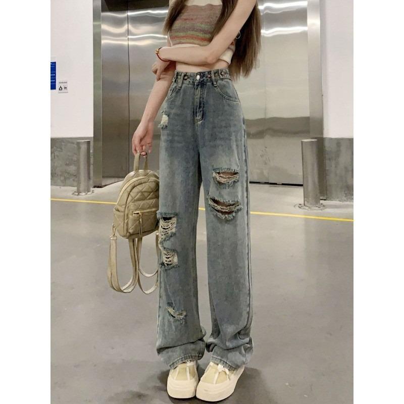 Retro ripped jeans women's summer high waist loose and thin straight wide leg floor pants long pants