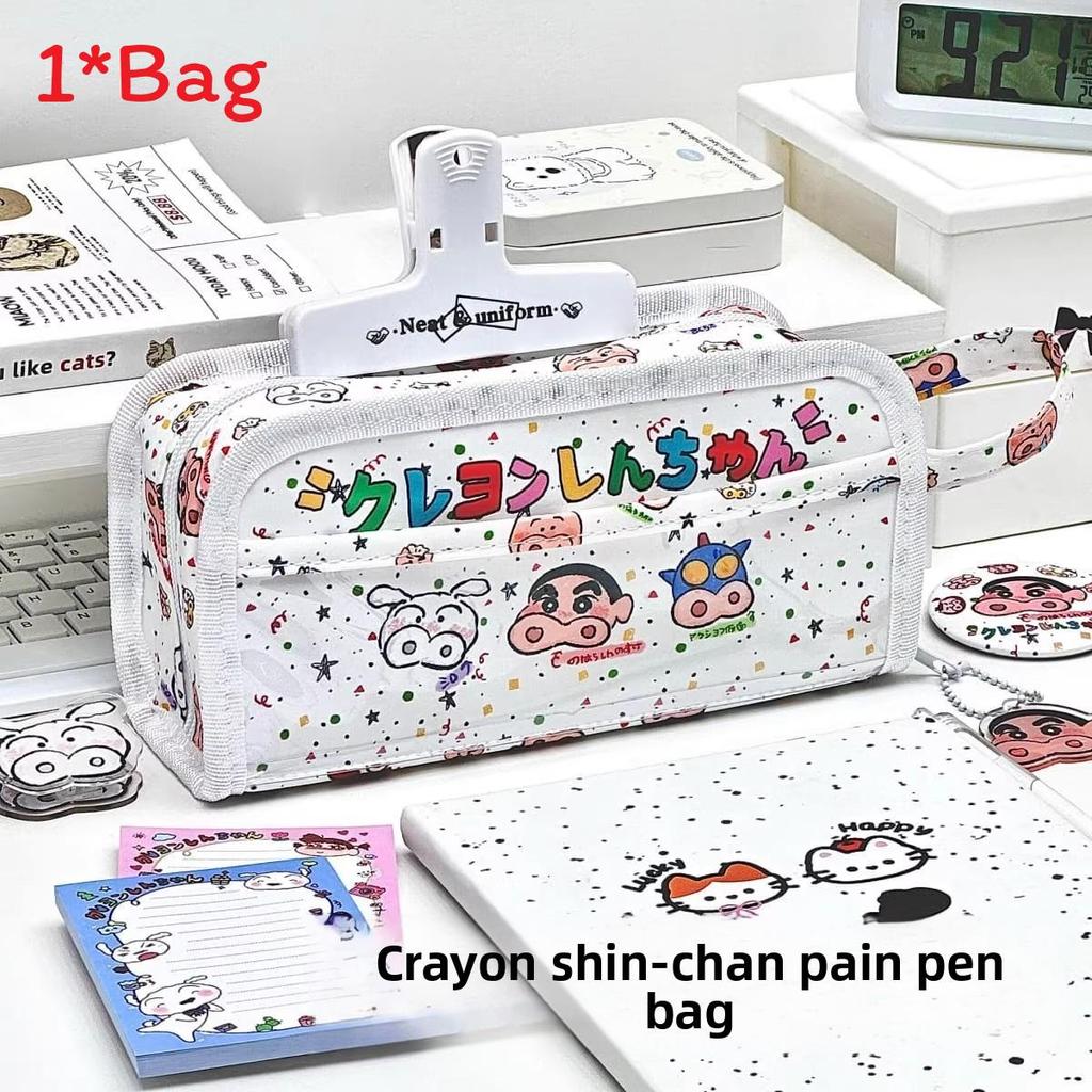 Canvas Cute Chiikawa Hello Kitty Bear Multilayer Pencil Case With Large Capacity For Students Crayon Shin Chan