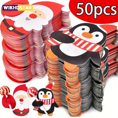 50 pezzi Biglietti di Carta per Lecca-lecca di Natale Cartone Animato Babbo Natale Pinguino Bambini Caramelle Regali Confezione Decorazione Festa di Capodanno
