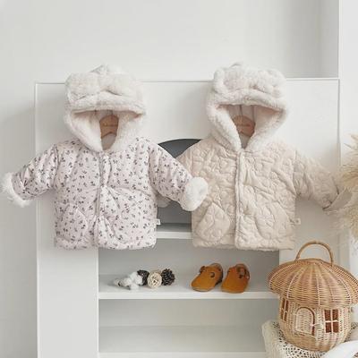 Girls' Winter Thickened Korean Style Hooded Coat with Bow - Warm, Cute Cotton Jacket