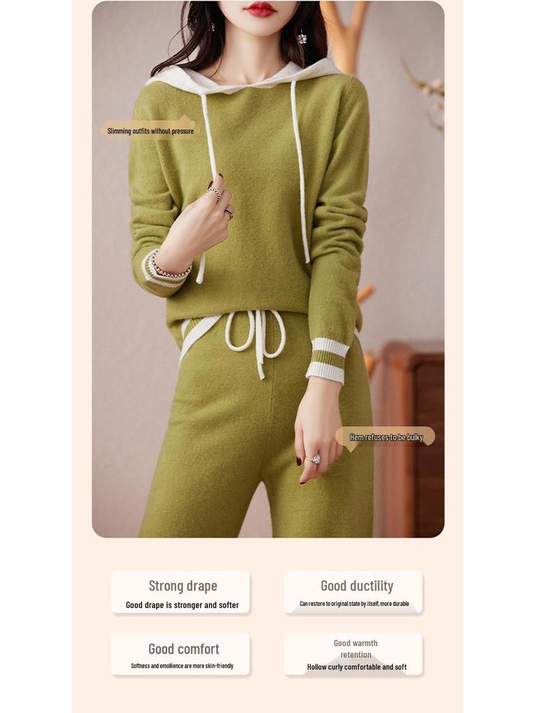 Women's Casual Color Block Hooded Wool Knit Sweatshirt & Long Pants Set - New Autumn Slimming Versatile Two-Piece
