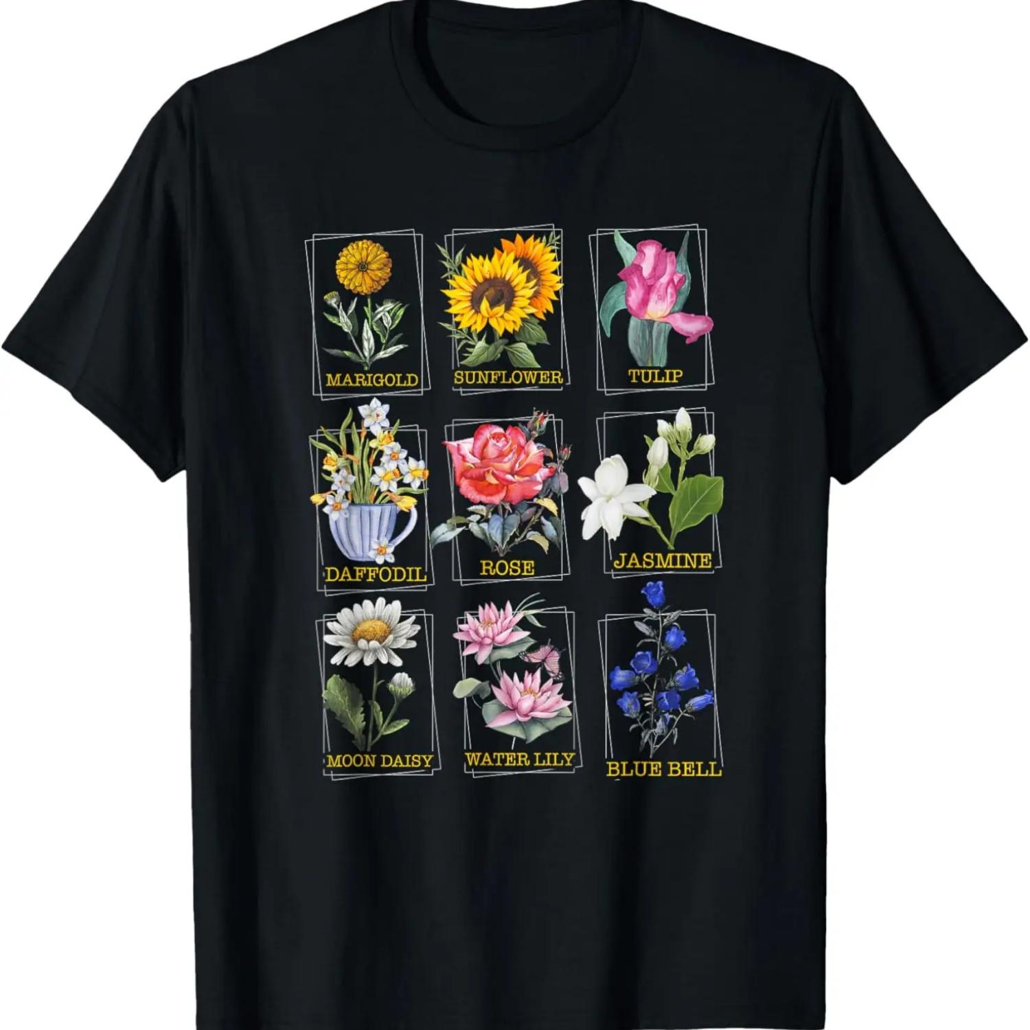 

Flowers Sunflower Marigold Tulip Daffodil Rose Jasmine T-Shirt XXXXXL чёрный