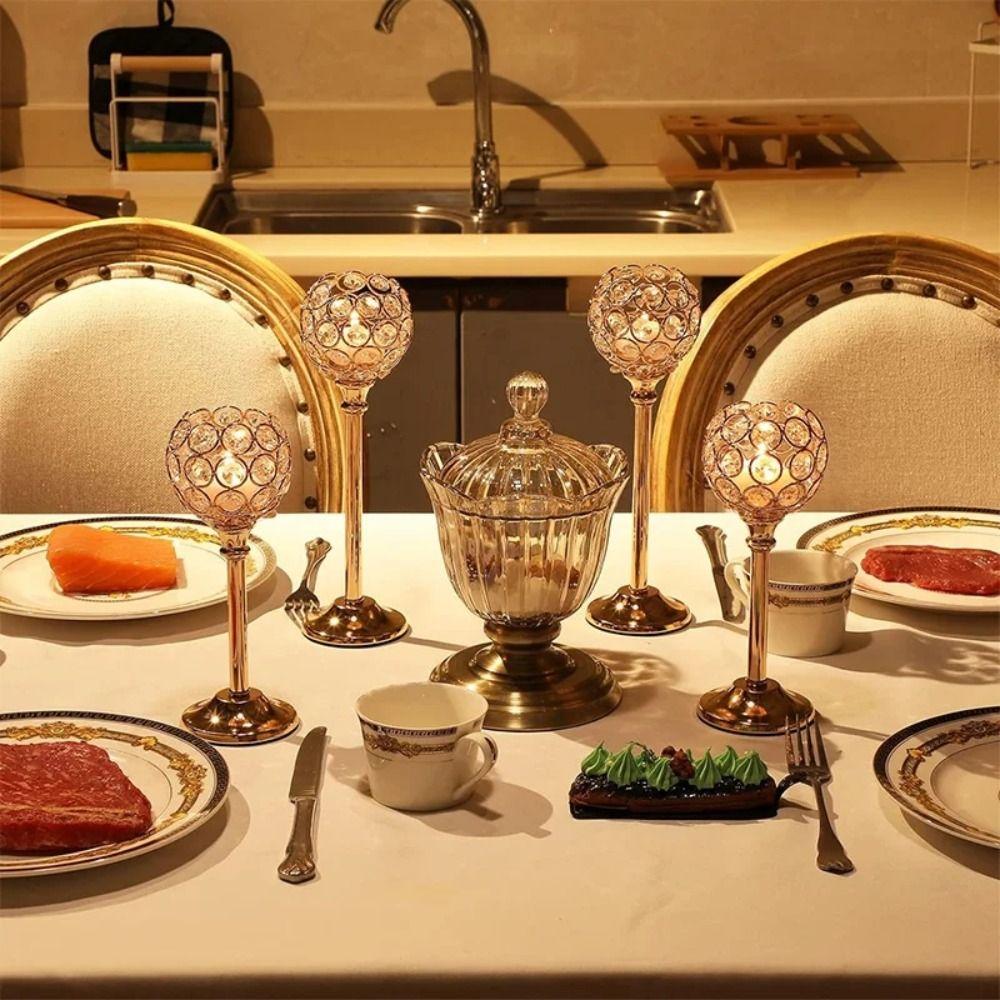 Metal Crystal Candlestick Romantic Craft Candelabra Golden Crystal Bowl Candle Holders  Party